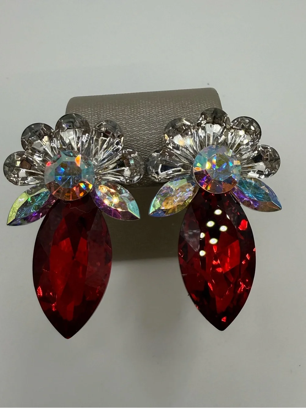 Vintage Signed Nelly Red AB Rhinestone Clip-On Statement Earrings 1.75”